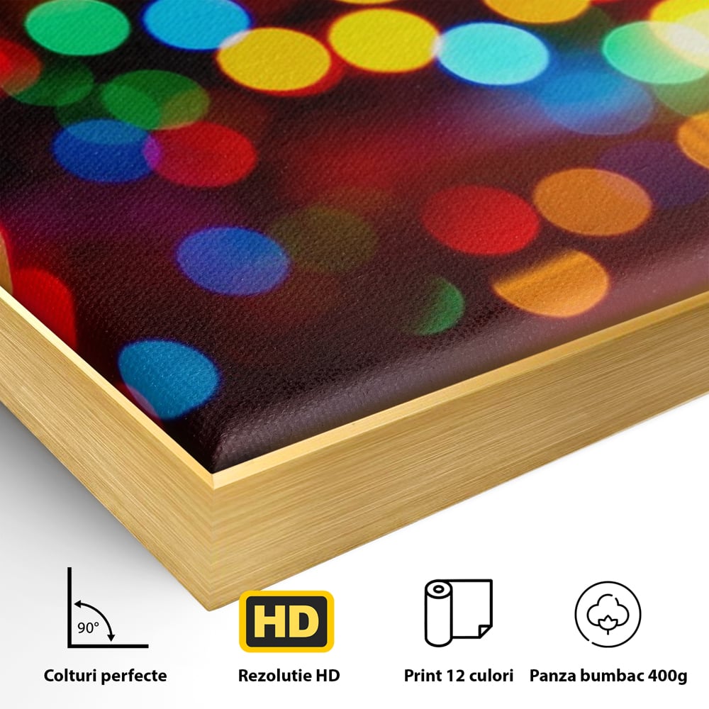 Detaliu al suprafetei: tablou canvas cu lumini bokeh, in rama de aluminiu auriu